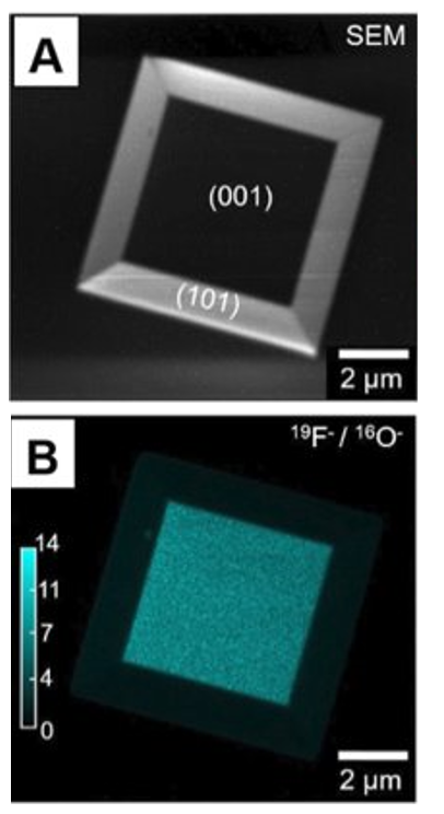 Scanning electron microscope image and nanoSIMS of truncated anatase bipyramids. Fluorine was found preferentially adsorbed on the 001 facet